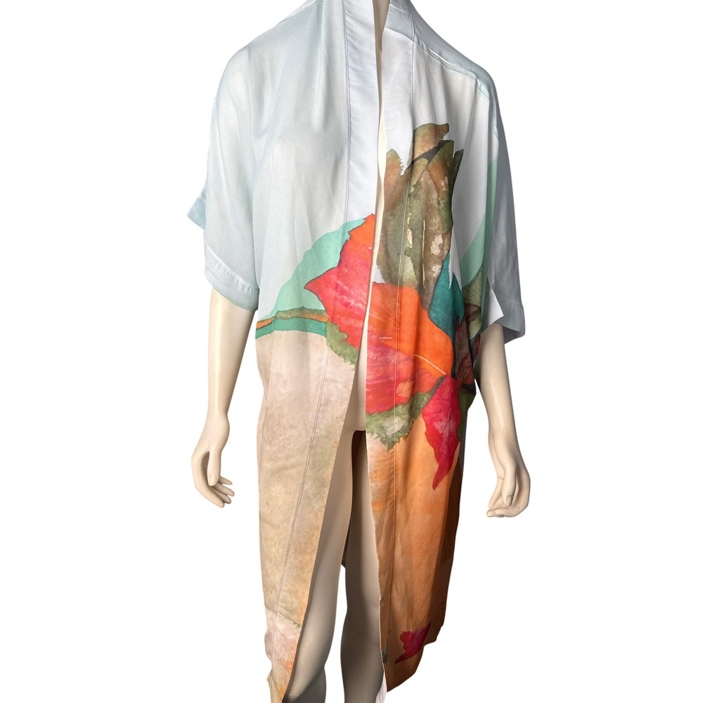 Exordio Watercolor Floral Long‎ Kimono Robe Duster Artsy Boho Resortwear OS